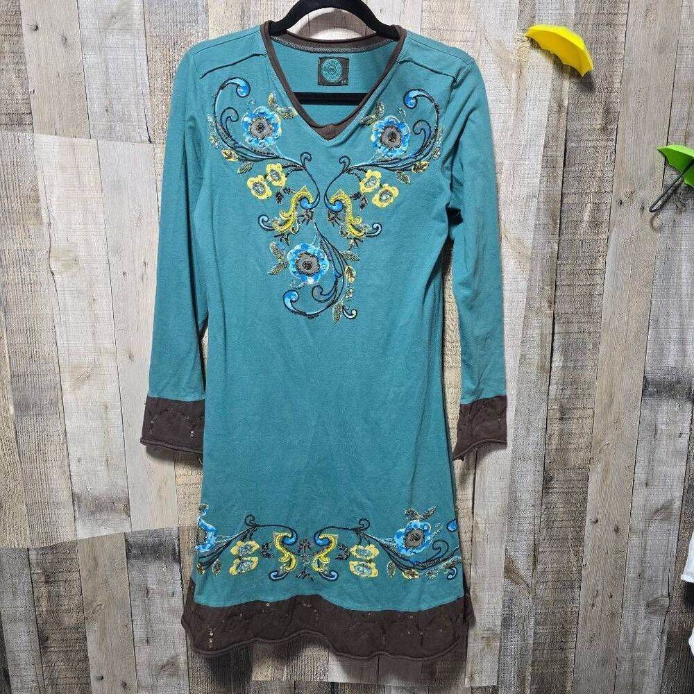 Double D Ranch Turquoise Brown Sequin Beaded Mini Shirt Dress XS Western Designe